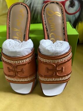 Sam Edelman Orange Woven Slide Mules with Tan Padded Insole NIB